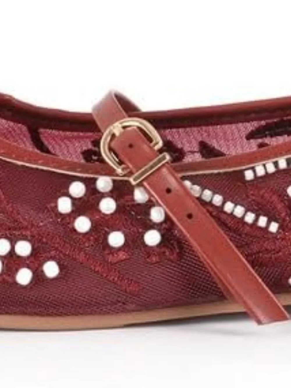 Women's Red Floral Mesh Ballet Flats Strap Round Toe Slip On Dressy Shoes